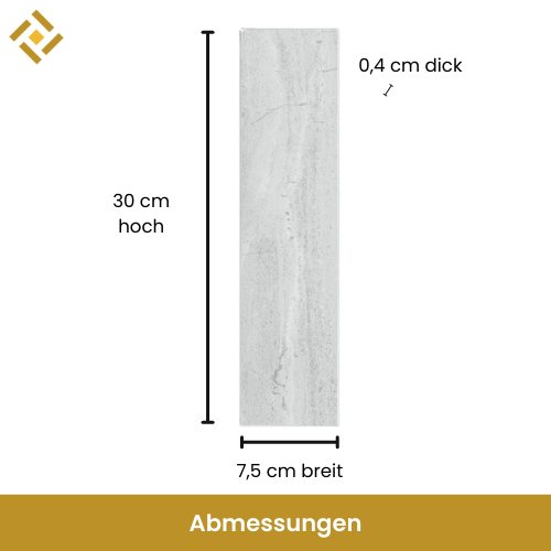 Hellgraue Fliesen Maße: 30 cm hoch, 7,5 cm breit, 0,4 cm dick