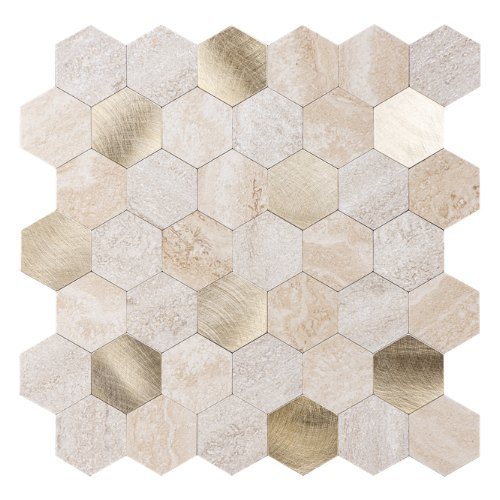Mosaikfliesen beige gold: Hexagon-Klebefliese in Steinoptik mit goldenen Akzenten