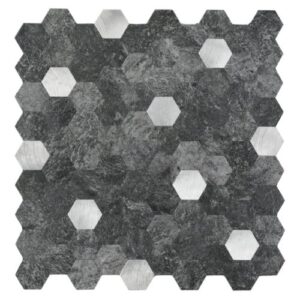 Mosaikfliesen dunkelgrau in Steinoptik mit silbernen Aluminium-Hexagons
