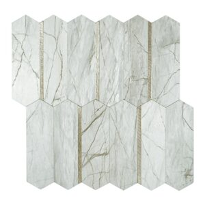 Mosaikfliesen Marmor in Mintweiß mit Goldstreifen, rechteckiges Format
