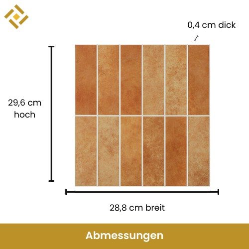 Orange Fliesen Maße: 29,6 cm hoch, 28,8 cm breit, 0,4 cm dick